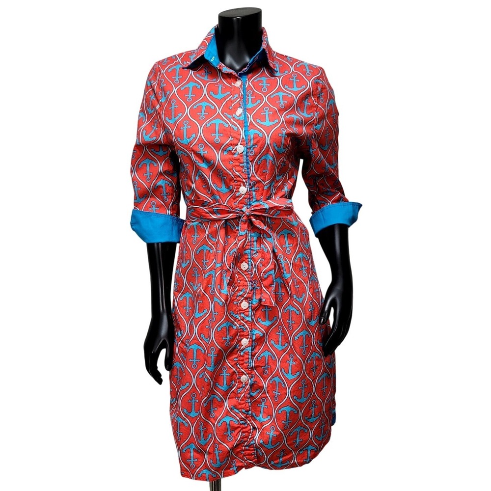 Haley & The Hound Womens Red Turquoise Anchor Print Cotton Shirt Dress Size‎ 8